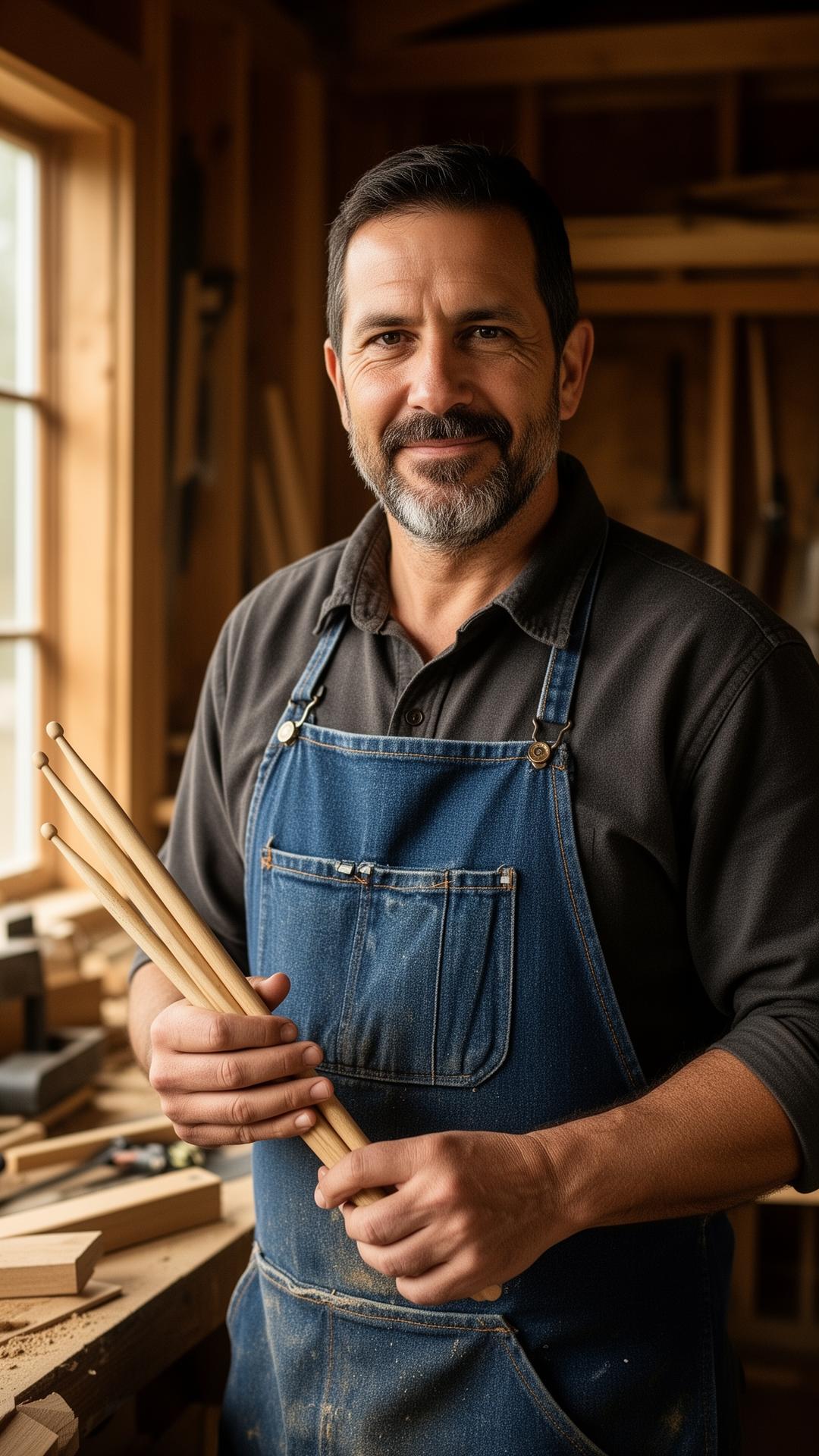 Intranig Lieon, founder of StickFire, holding a pair of hickory drumsticks in his Evanston workshop