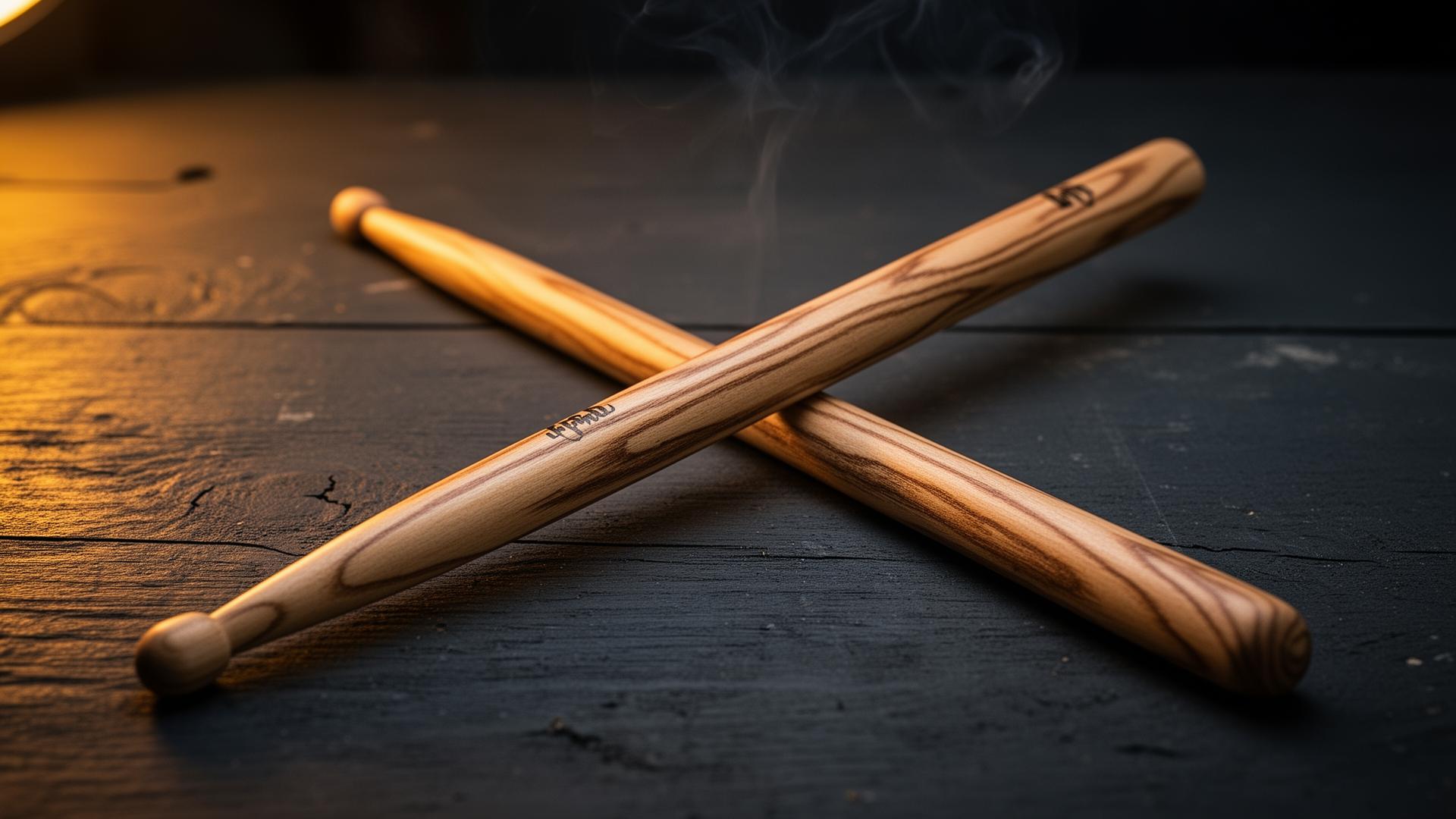 A pair of hickory StickFire drumsticks crossed on a dark workshop bench
