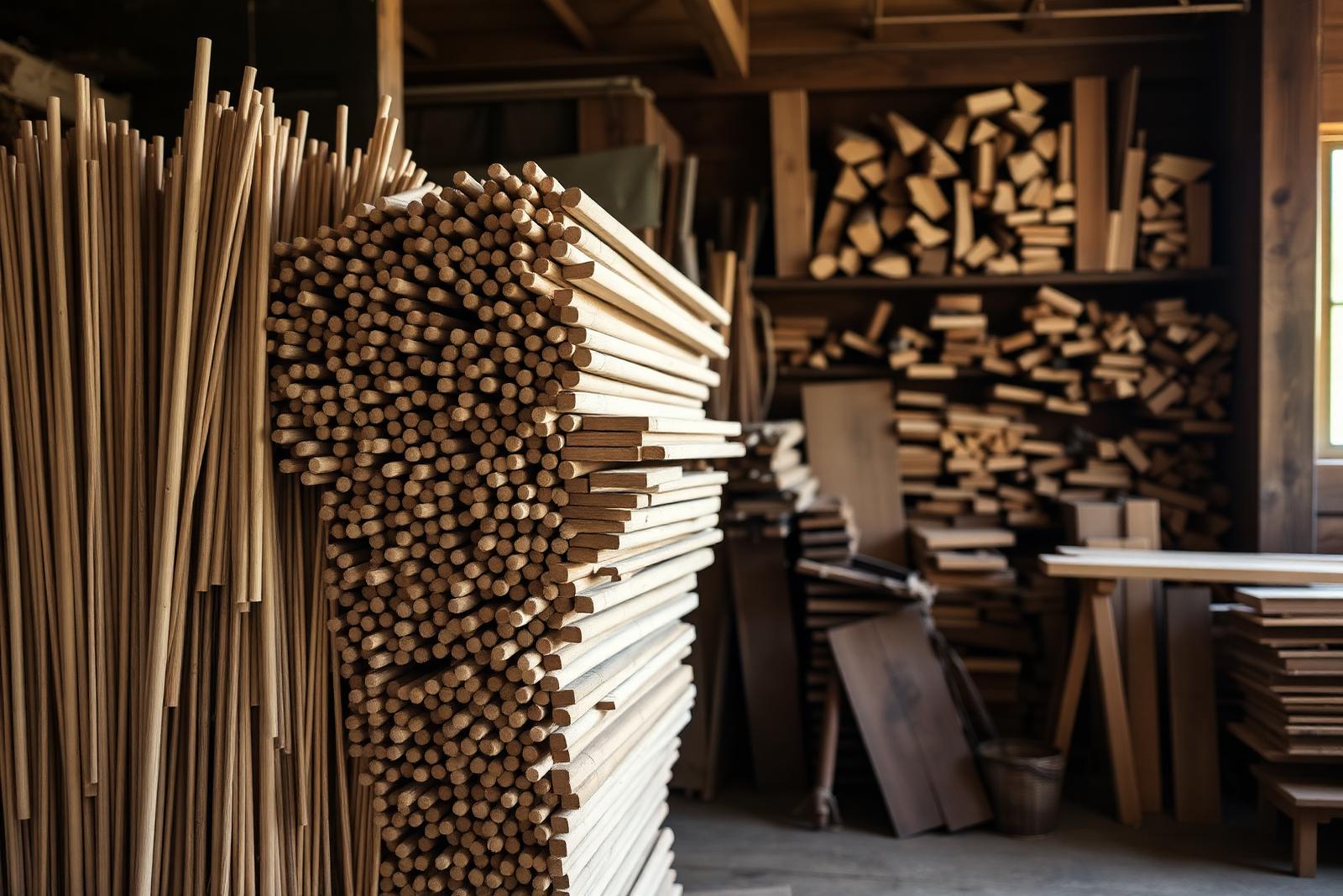 Stacked Appalachian hickory dowels drying in the StickFire workshop