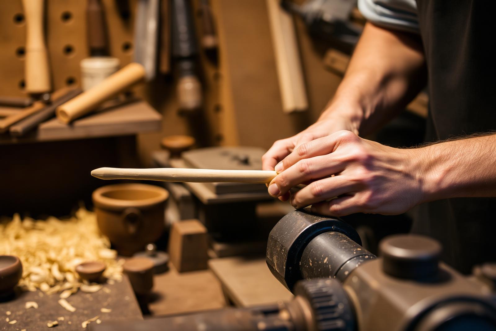 Craftsman hands turning a drumstick on a lathe inside the StickFire workshop